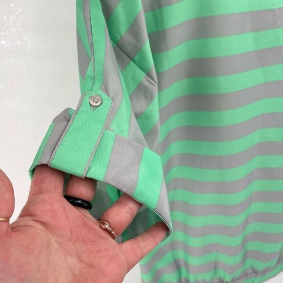 Banana Republic Womens Blouse Top Striped Roll Tab Sleeve Small Green Gray - Picture 10 of 13